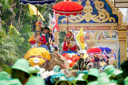 SUKHOTHAI, THAILAND - April 7   Unidentified people in tradition of the Sri Satchanalai district for ordaining a whole group of new monks with elephants on April 7, 2014 in Sukhothai, Thailand のeditorial素材