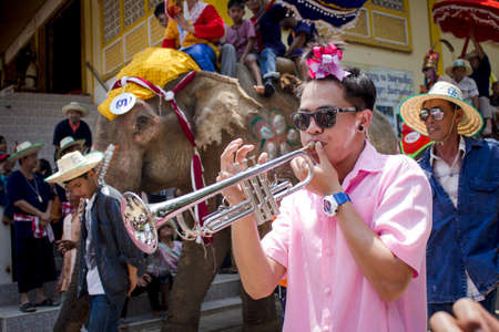 SUKHOTHAI, THAILAND - April 7   Unidentified people in tradition of the Sri Satchanalai district for ordaining a whole group of new monks with elephants on April 7, 2014 in Sukhothai, Thailand のeditorial素材