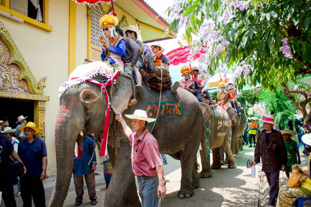 SUKHOTHAI, THAILAND - April 7   Unidentified people in tradition of the Sri Satchanalai district for ordaining a whole group of new monks with elephants on April 7, 2014 in Sukhothai, Thailand のeditorial素材