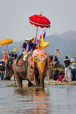SUKHOTHAI, THAILAND - April 7   Unidentified people in tradition of the Sri Satchanalai district for ordaining a whole group of new monks with elephants on April 7, 2014 in Sukhothai, Thailand のeditorial素材