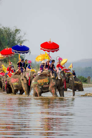 SUKHOTHAI, THAILAND - April 7   Unidentified people in tradition of the Sri Satchanalai district for ordaining a whole group of new monks with elephants on April 7, 2014 in Sukhothai, Thailand のeditorial素材