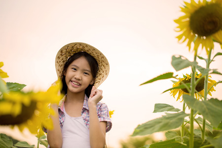 Vintage of little beautiful Asian girl on blooming sunflower field in summerの写真素材