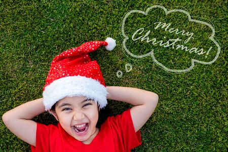 Little Asian girl in santa hat on the green grass with textの写真素材