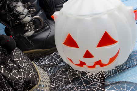 Pumpkin bucket, witch's hat and boots, Halloween decorationsの写真素材