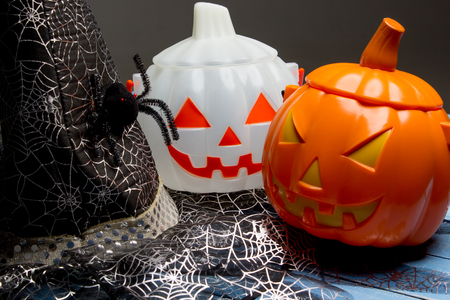 Pumpkin bucket and witch hat, Halloween decorationsの写真素材