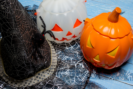 Pumpkin bucket and witch hat, Halloween decorationsの写真素材
