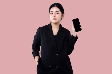 Young modern business asian woman holding smartphone mobile device and showing blank screen display isolated over pink background.の写真素材