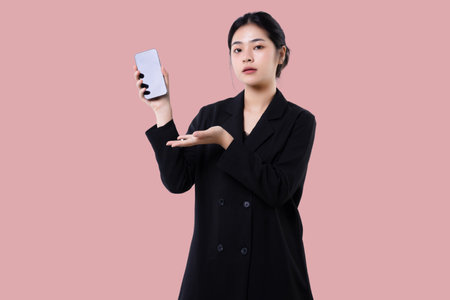 Young modern business asian woman holding smartphone mobile device and showing blank screen display isolated over pink background.の写真素材