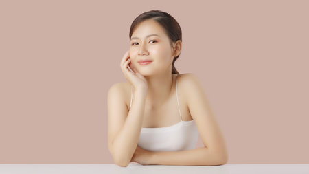 Close up portrait beauty shot of Beautiful Asian girl looking at camera isolated on brown background with copy space.の写真素材