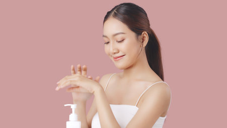 Beautiful young Asian woman applying moisturizing cream lotion on hands isolated on pink background.の写真素材