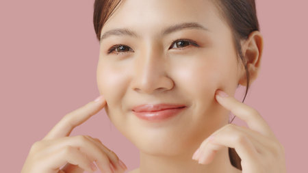 Close up portrait beauty shot of Beautiful Asian girl looking at camera isolated on pink background with copy space.の写真素材