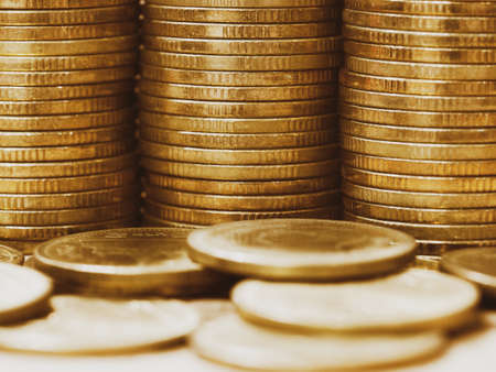stack of money, rows of coins for finance and banking conceptの写真素材