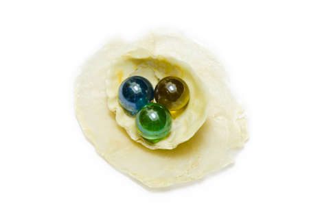 pearls (marble glass) in an sea shell isolated on white background