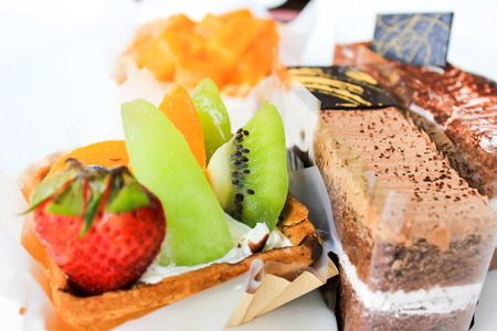 Chocolate cake and fruit pieの写真素材