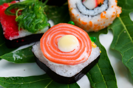 sushi roll ingredients rice,tuna,roe ryukyuの写真素材