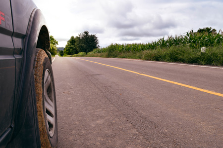 car run on road in corn farmの写真素材