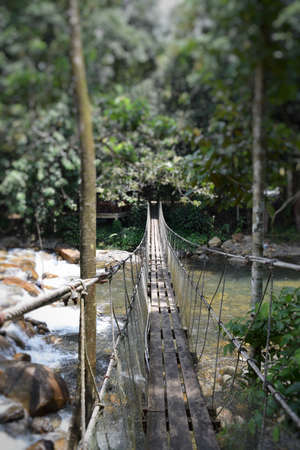 long wood bridge cross the riverの写真素材