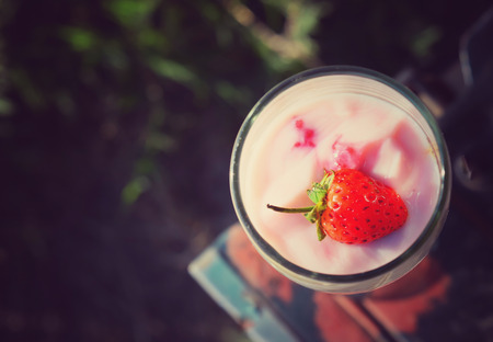 healthy food strawberry yogurt and strawberry fruitsの写真素材