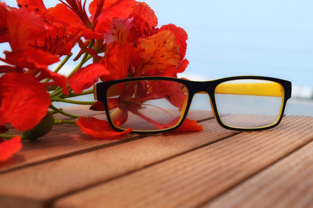 Glasses on wooden floorの写真素材