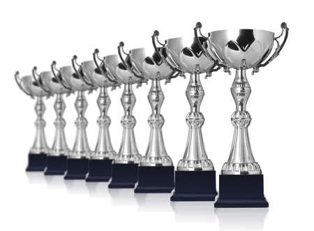 champion silver trophies isolated on white の写真素材