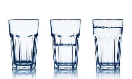 Isolated on white empty, half and full water glasses 