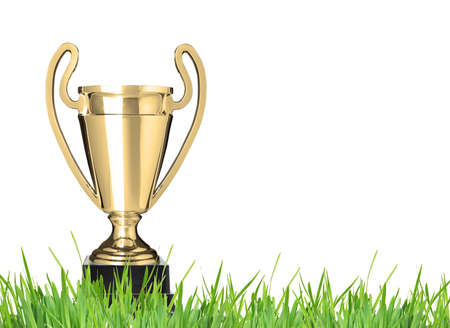Champion trophy on grass. Isolated on whiteの写真素材