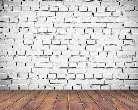 room interior vintage with white brick wall and wood floor background の写真素材