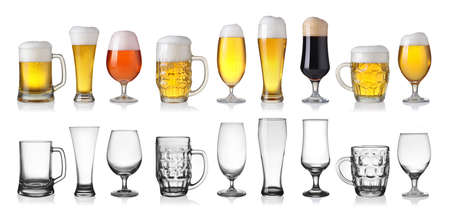 Collection of empty and full beer in glass isolated on white background の写真素材