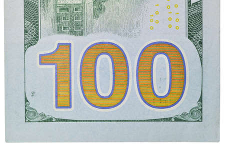 Number 100. Hundred dollars bill fragment macro, new edition.の写真素材