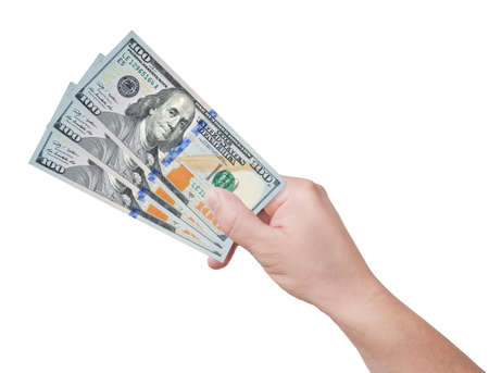Hand with money isolated on a white backgroundの写真素材