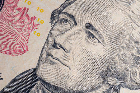 Macro of Alexander Hamilton portrait on ten dollar bill.の写真素材