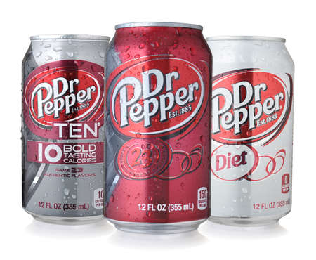 LOS ANGELES , USA - DECEMBER 8, 2014: Cans of Dr Pepper isolated on white . Dr Pepper is a soft drink created in the 1880s.のeditorial素材