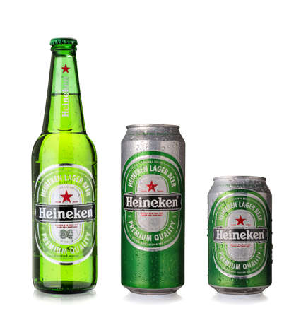 Sofia, Bulgaria - May 23, 2014: Bottle and cans of Heineken beer with water drops isolated on white.のeditorial素材