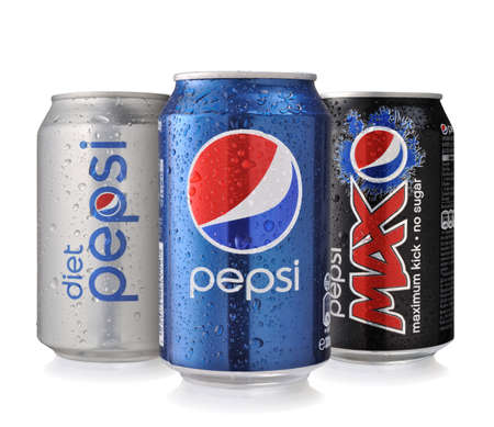 LOS ANGELES  USA  NOVEMBER 13 2014: Cans of Pepsi drink isolated on white. Pepsi is carbonated soft drink produced by PepsiCo created in 1893のeditorial素材