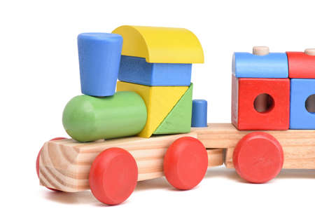 Colorful wooden toy train isolated on white backgroundの写真素材