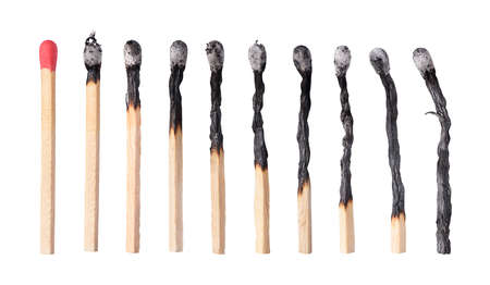 Different stages of match burning. Isolated on whiteの写真素材