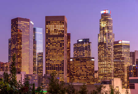 Downtown skyscrapers Los Angeles California at nightの写真素材