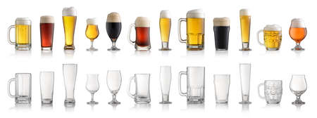 Set of various full and empty beer glasses. Isolated on white backgroundの写真素材