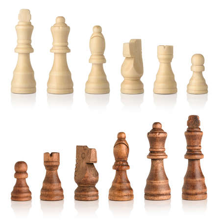 Black and white wooden chess isolated on a white backgroundの写真素材