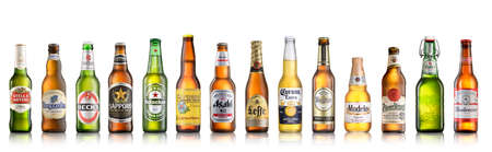 Los Angeles CA - July 6: Set of world popular beer brands isolated on white backgroundのeditorial素材