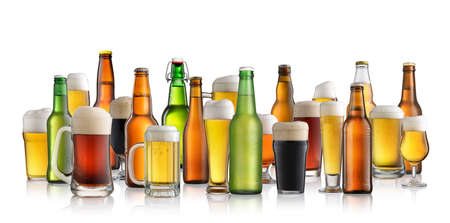 Set of different beer isolated on white backgroundの写真素材
