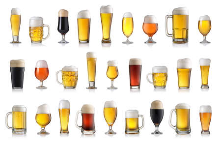 Set of various full beer glasses. Isolated on white backgroundの写真素材