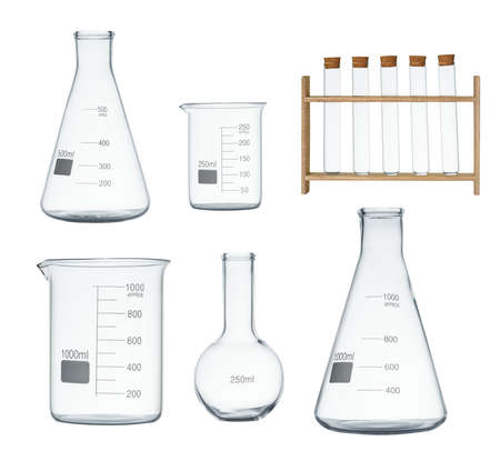 Laboratory glassware set isolated on white backgroundの写真素材
