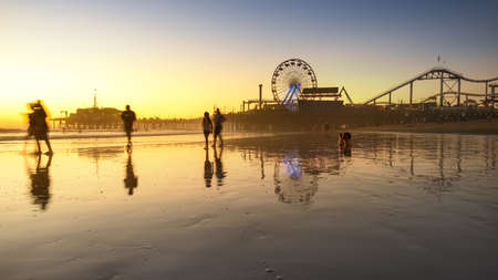 Santa Monica beach and pier in California USA at sunsetの写真素材
