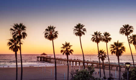 Manhattan Beach Pier at sunset, Los Angeles, Californiaの写真素材