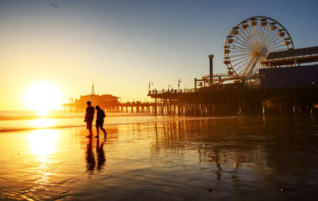 Santa Monica beach and pier in California USA at sunsetの写真素材
