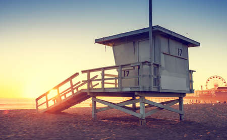 Santa Monica beach lifeguard tower in California USA at sunsetの写真素材