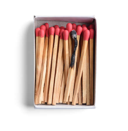 Top view of opened match boxes with burned matchsticks. Isolated on white backgroundの写真素材