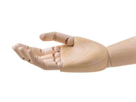 Open wooden hand with palm up. Isolated on white background