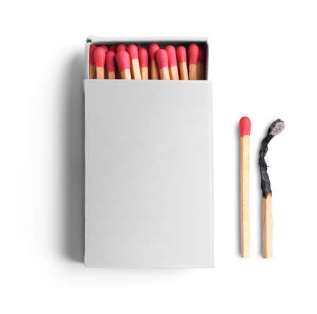 Top view of opened blank matchbox isolated on white background の写真素材